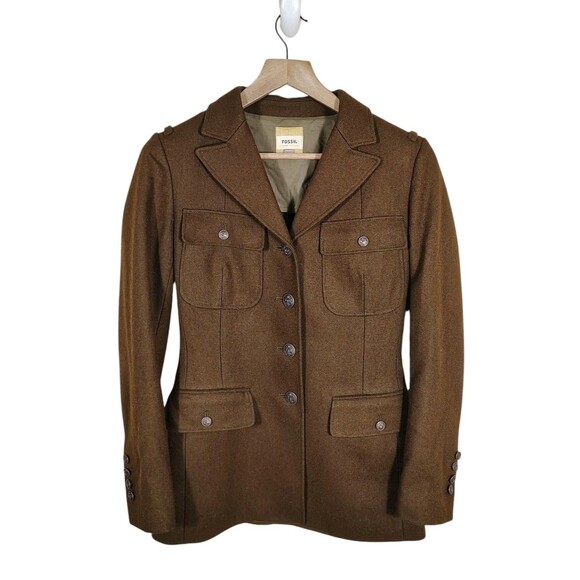Fossil Wool Military Style XS Blazer Jacket Brown Safari Utility Pocket Coat - Picture 1 of 12